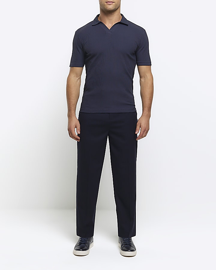 Navy muscle fit rib open collar polo