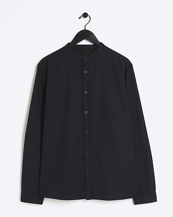 Black slim fit grandad collar shirt