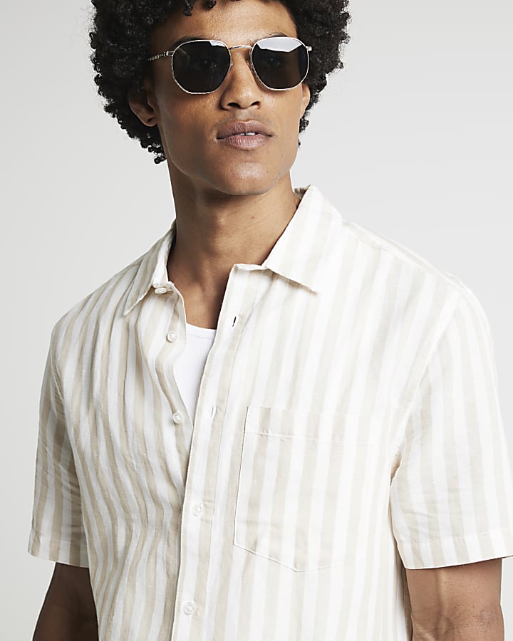 Cream regular fit linen blend stripe shirt