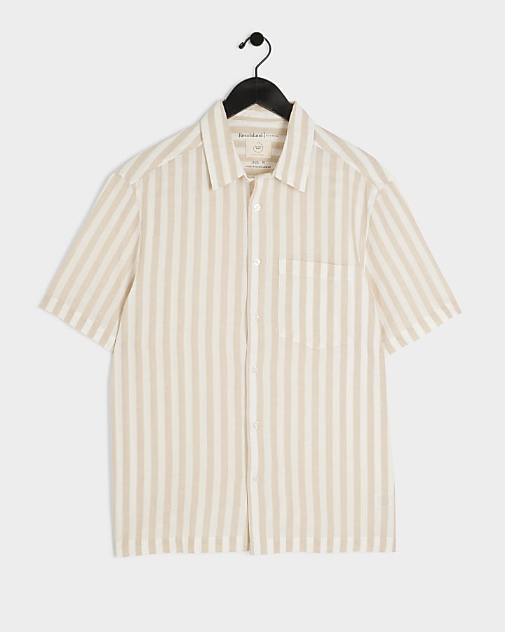 Cream regular fit linen blend stripe shirt