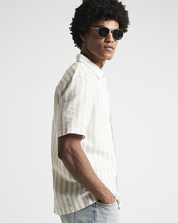 Cream regular fit linen blend stripe shirt