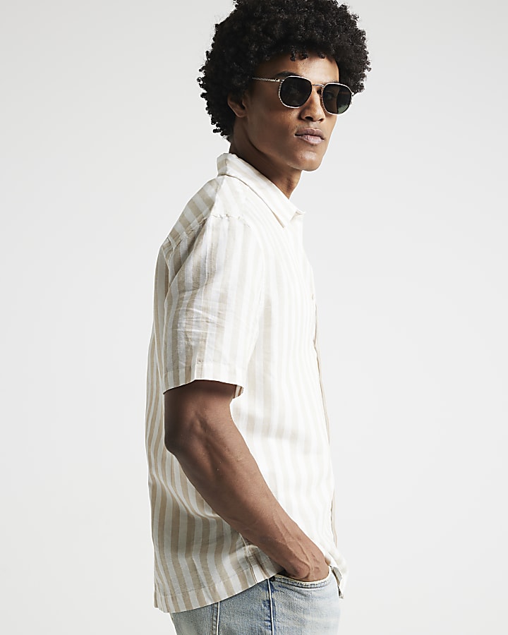 Stone regular fit linen blend stripe shirt