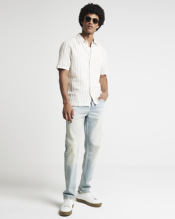 Cream regular fit linen blend stripe shirt