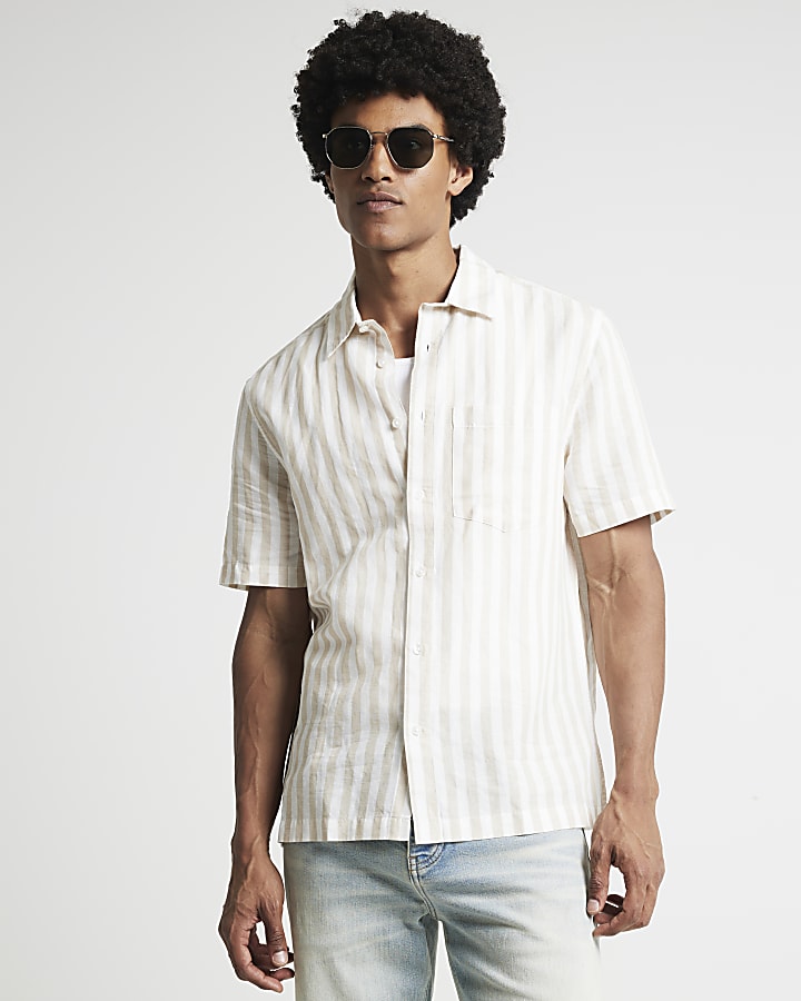 Cream regular fit linen blend stripe shirt