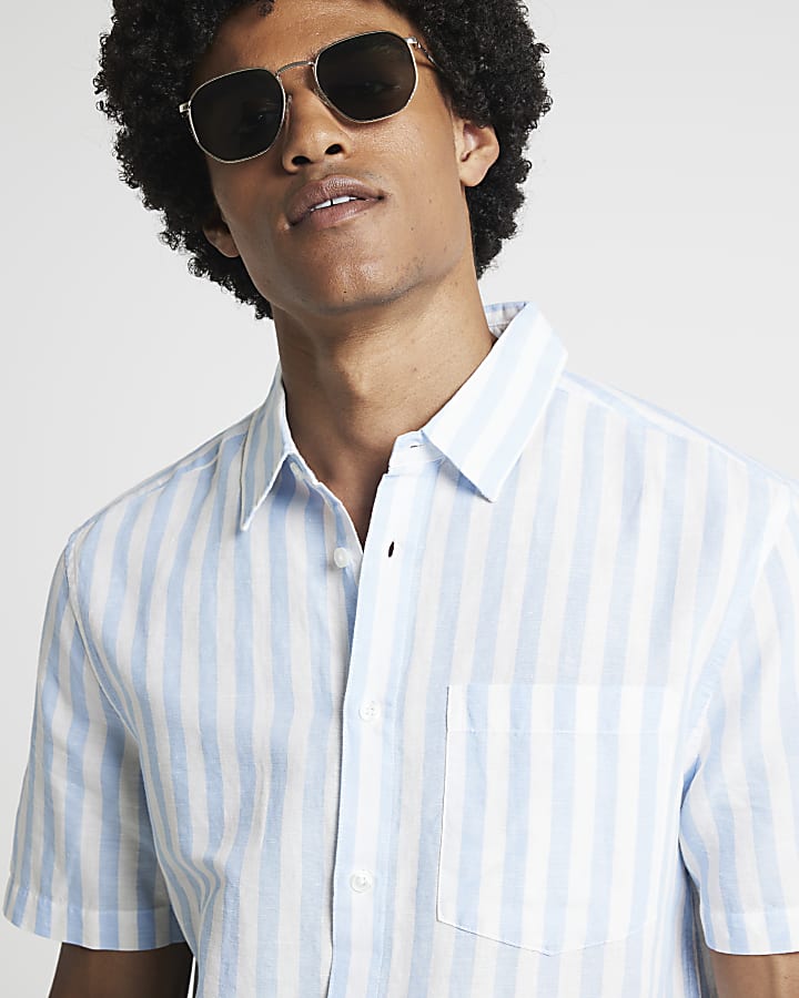 Blue regular fit linen blend stripe shirt