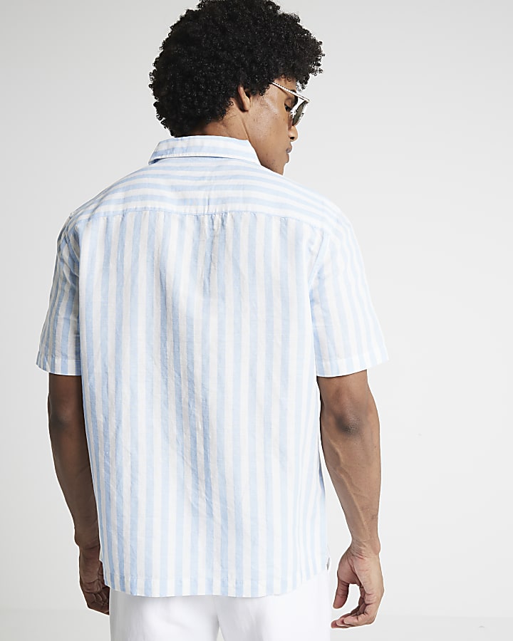 Blue regular fit linen blend stripe shirt