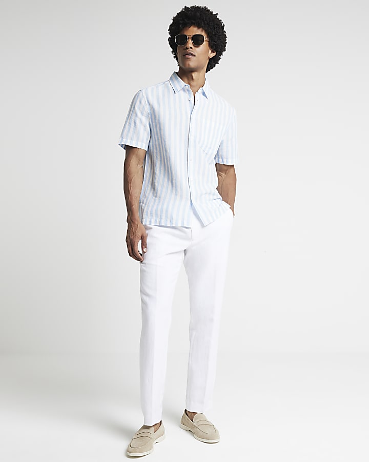 Blue regular fit linen blend stripe shirt