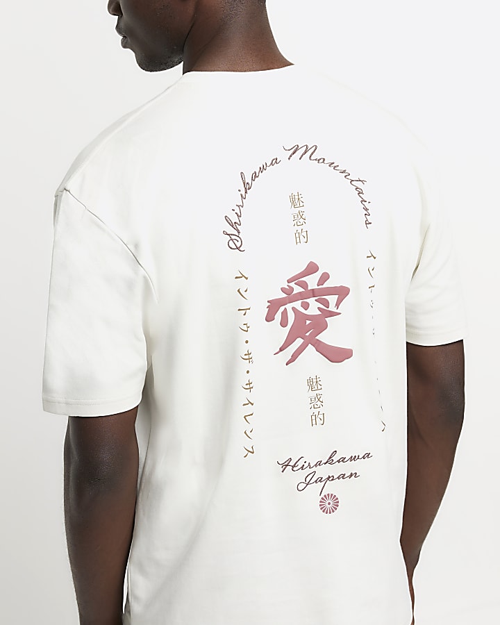 Beige regular embroidered Japanese t-shirt