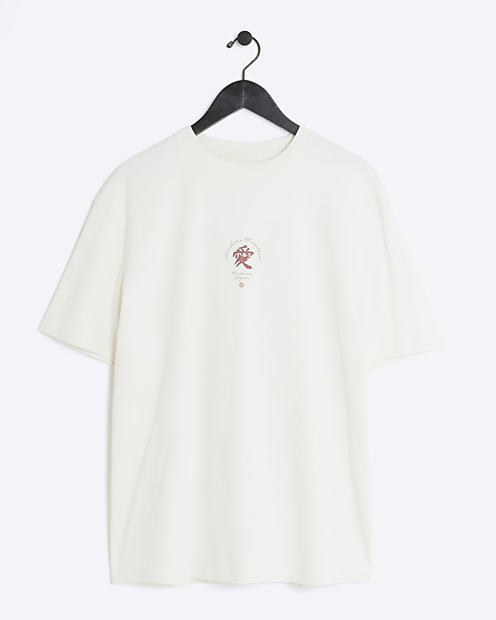 Beige regular embroidered Japanese t-shirt