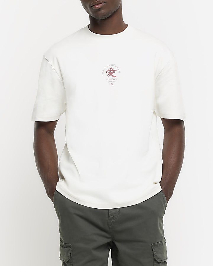 Beige regular embroidered Japanese t-shirt