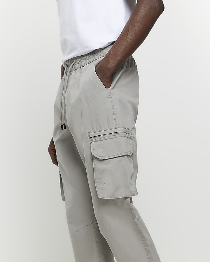 Grey slim fit ripstop cargo trousers