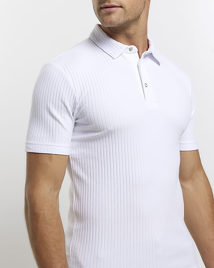 White muscle fit rib short sleeve polo