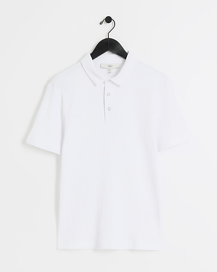 White muscle fit rib short sleeve polo