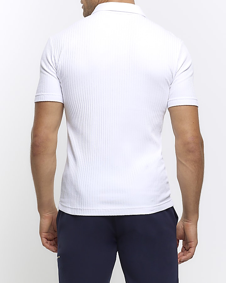 White muscle fit rib short sleeve polo