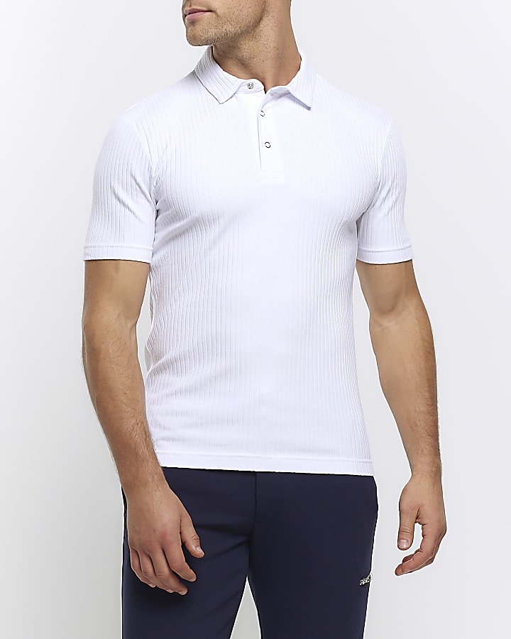 White muscle fit rib short sleeve polo