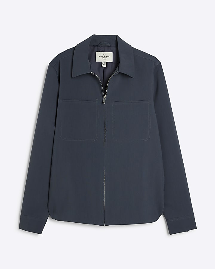 Blue regular fit smart zip up shacket
