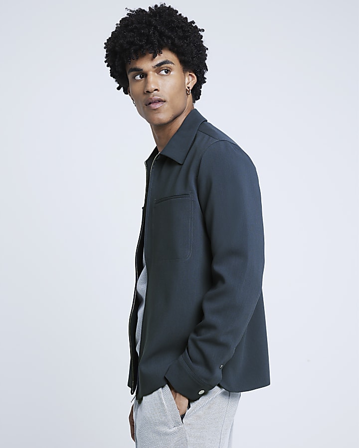 Blue regular fit smart zip up shacket