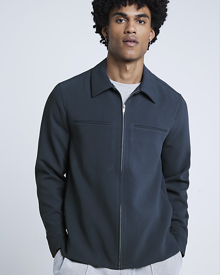 Blue regular fit smart zip up shacket