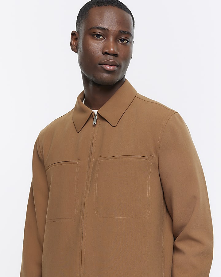 Brown regular fit zip up smart shacket