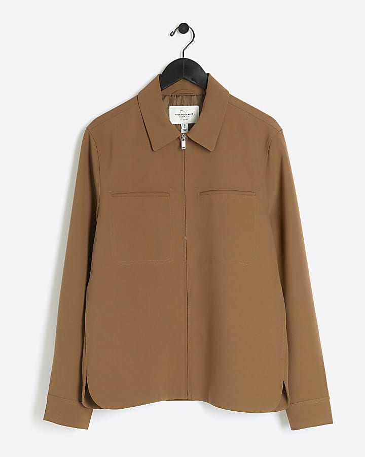 Brown regular fit zip up smart shacket