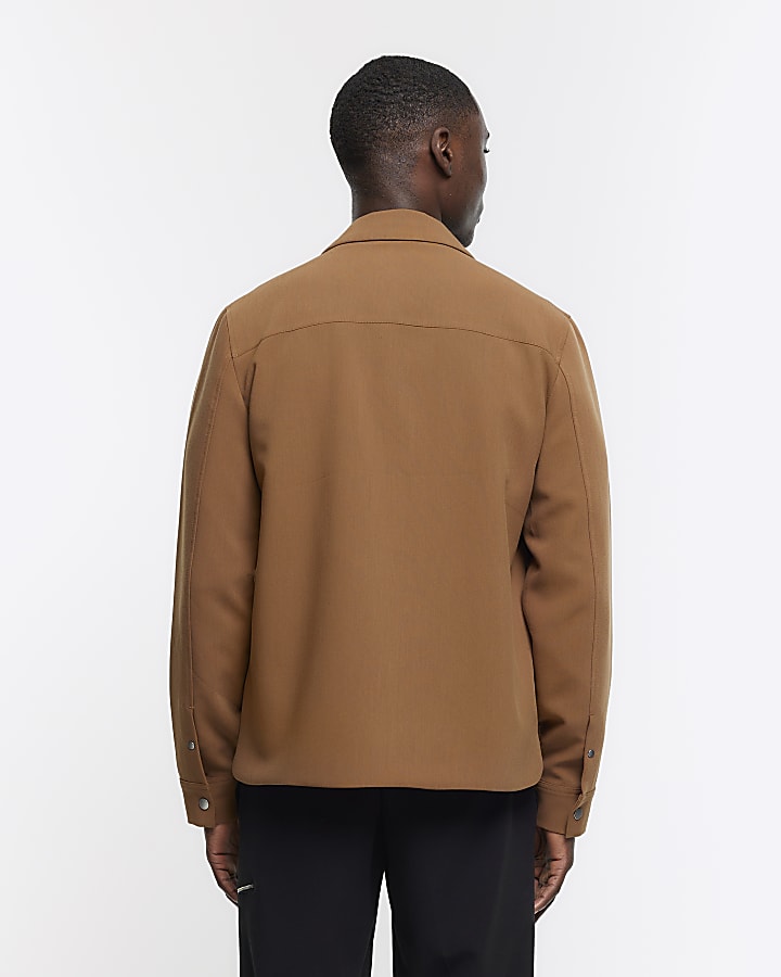 Brown regular fit zip up smart shacket