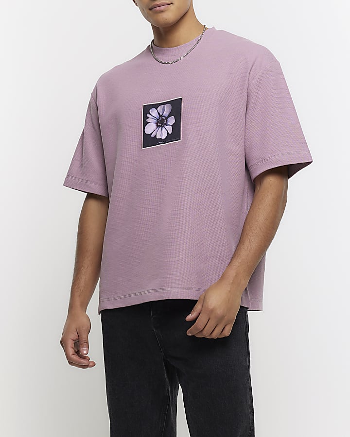 Pink regular fit floral patch t-shirt