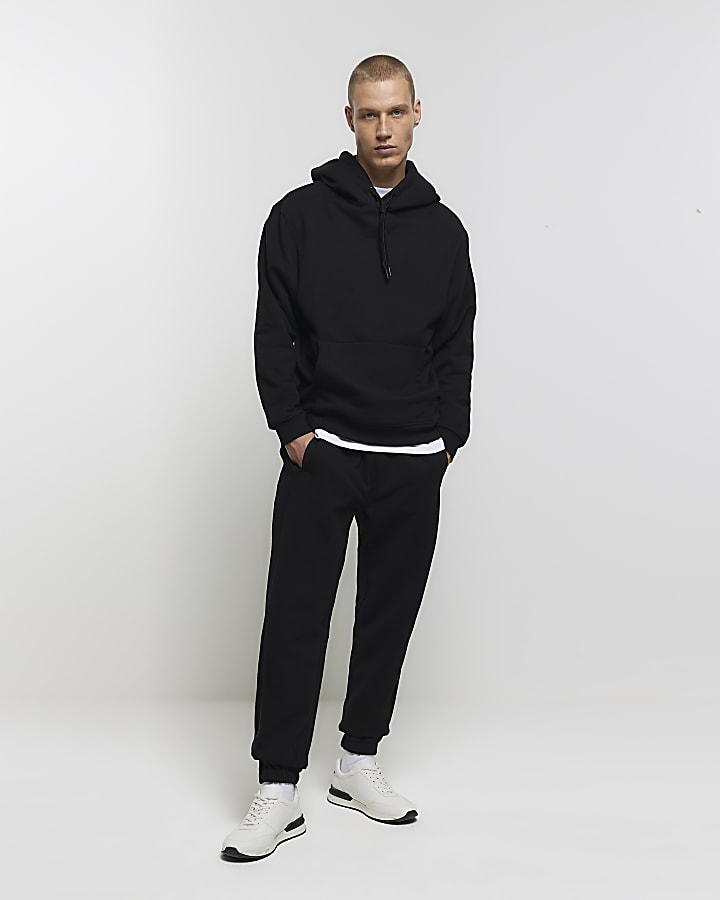 Black regular fit rib panel joggers