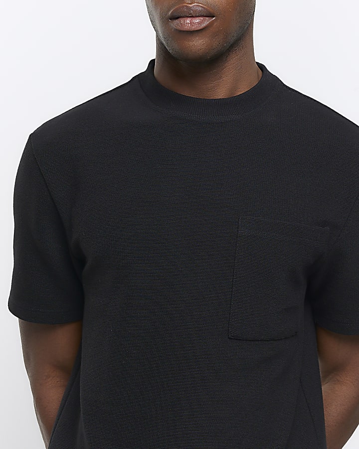 Black regular fit textured pocket t-shirt