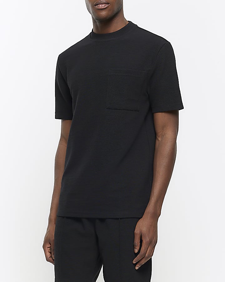 Black regular fit textured pocket t-shirt