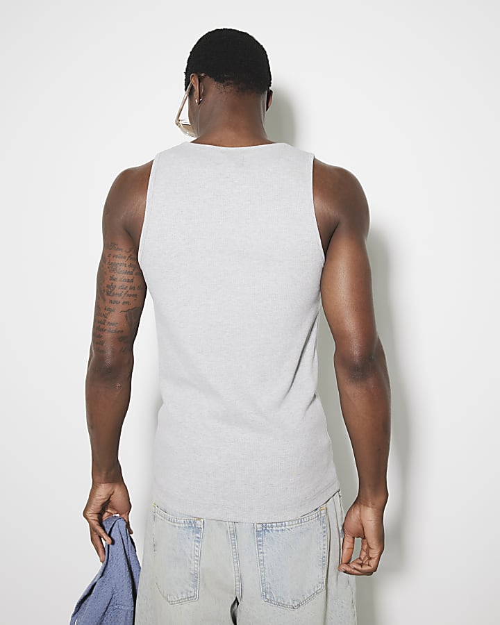 Grey muscle fit stretch rib vest top