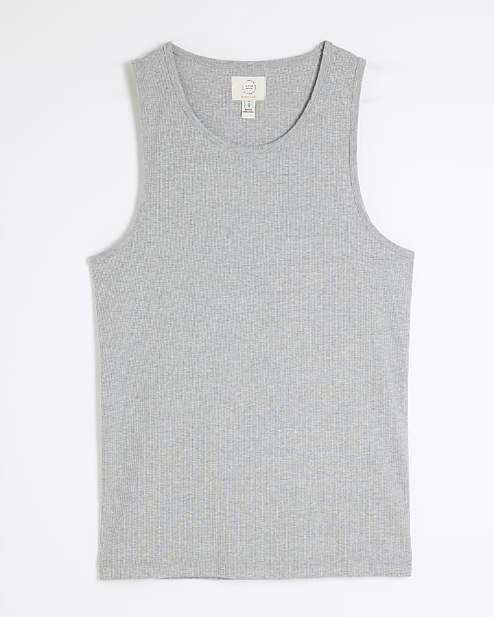 Grey muscle fit stretch rib vest top