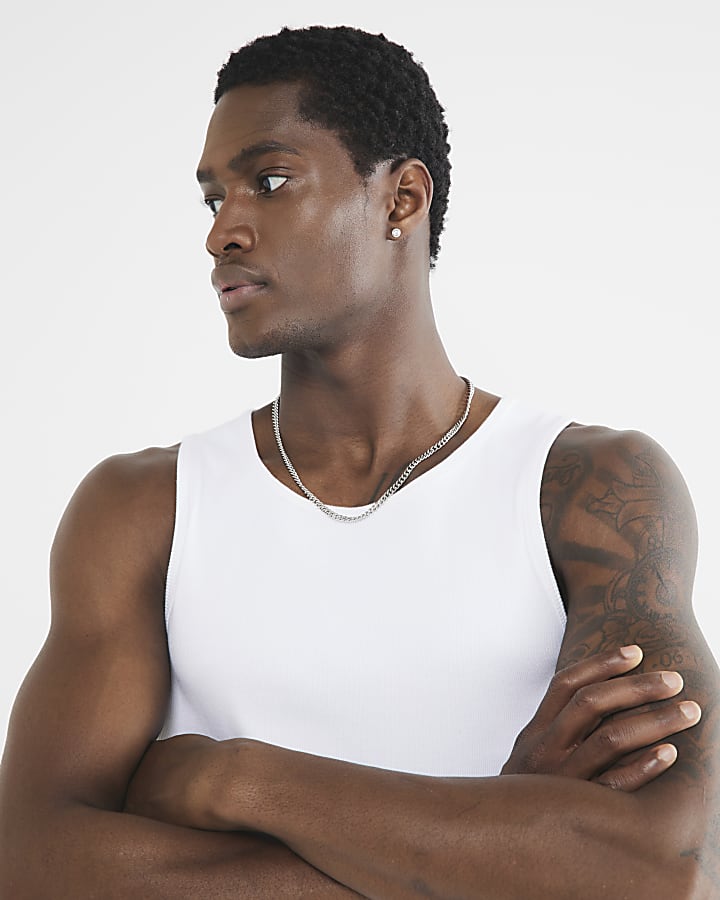 White muscle fit stretch rib vest top