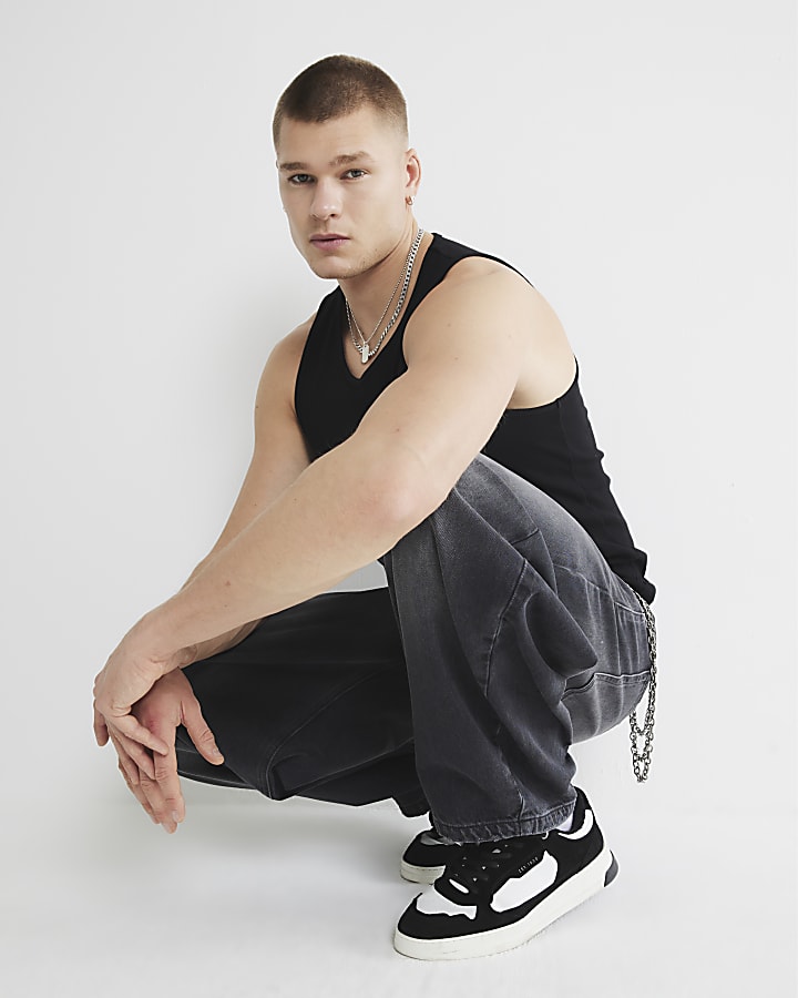 Black muscle fit stretch rib vest top