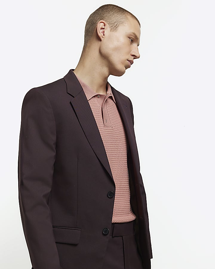 Red slim fit twill suit jacket