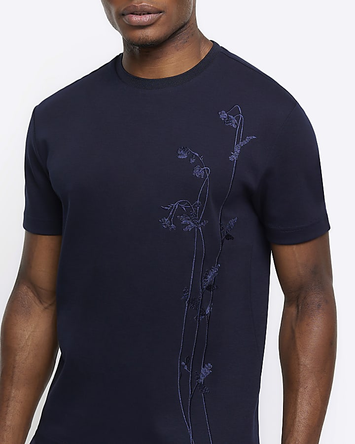 Navy Slim Fit Floral Embroidered T-shirt