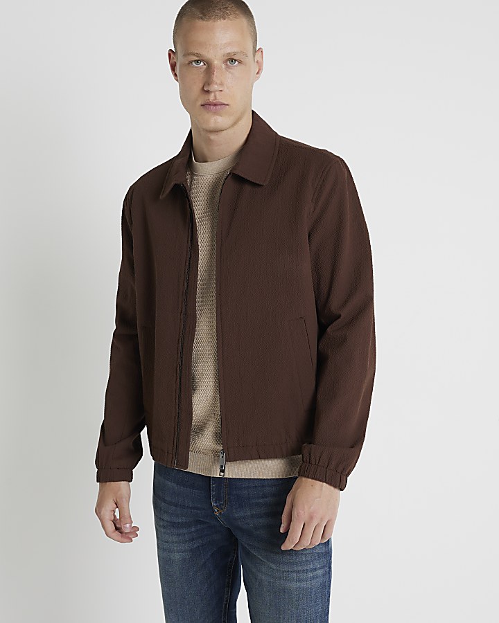 Brown regular fit seersucker zip jacket