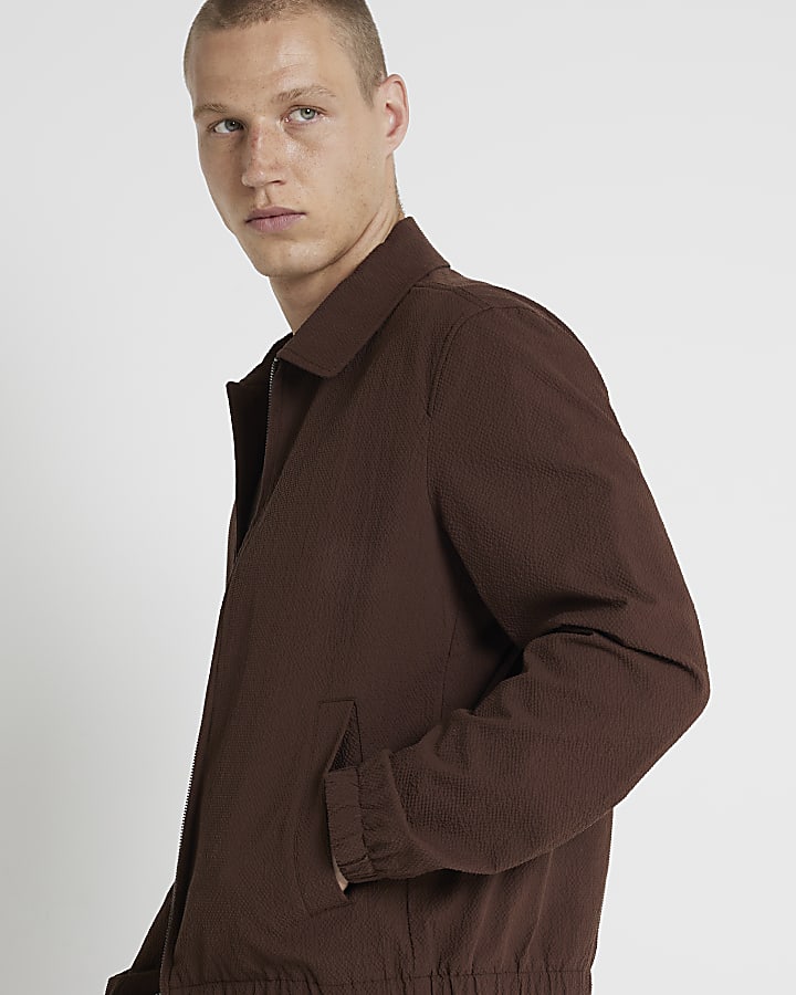 Brown regular fit seersucker zip jacket