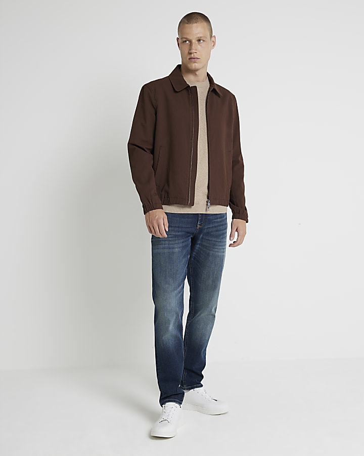 Brown regular fit seersucker zip jacket