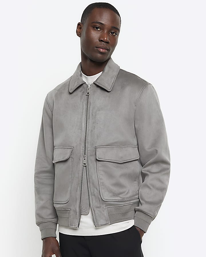 Grey regular suedette collared bomber jacket