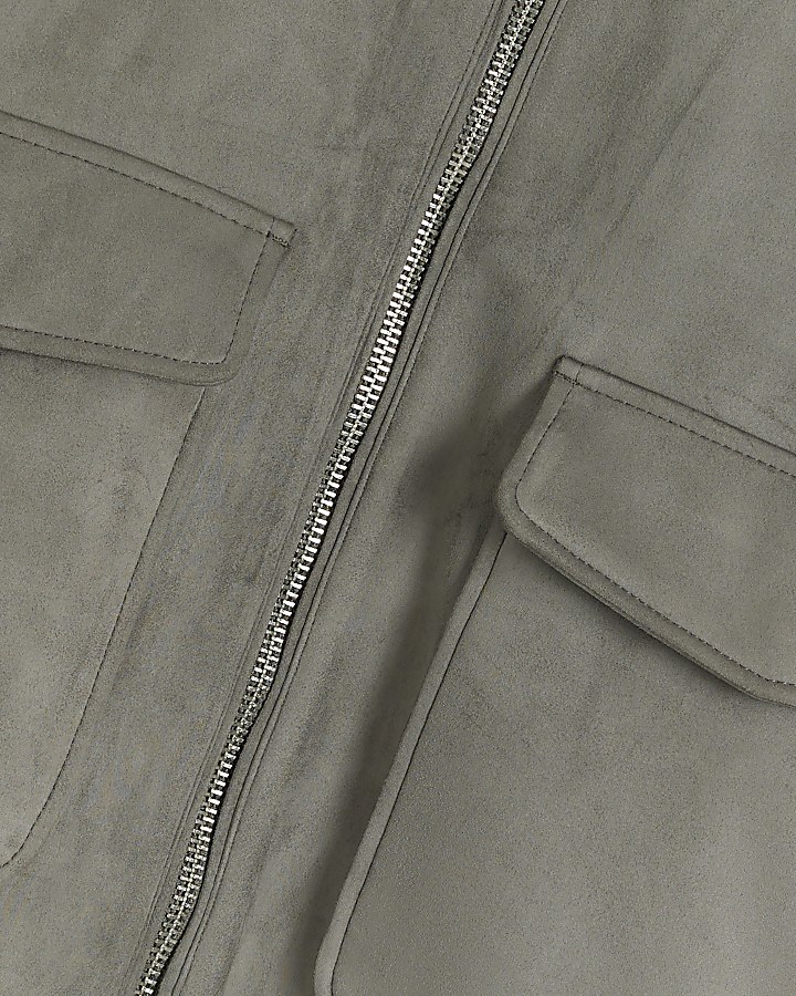 Grey regular suedette collared bomber jacket
