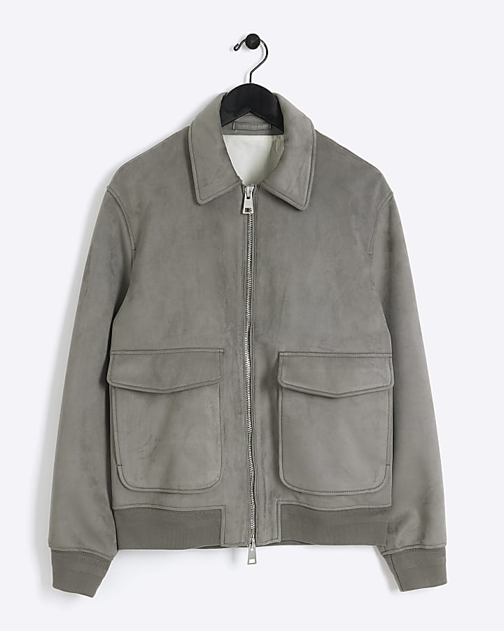 Grey regular suedette collared bomber jacket