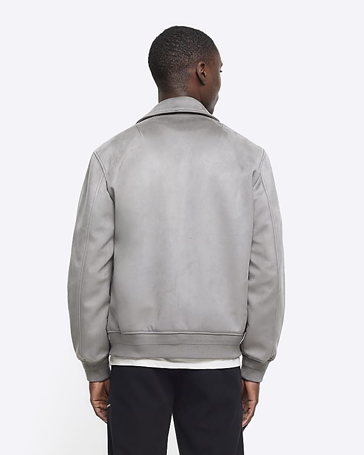 Grey regular suedette collared bomber jacket