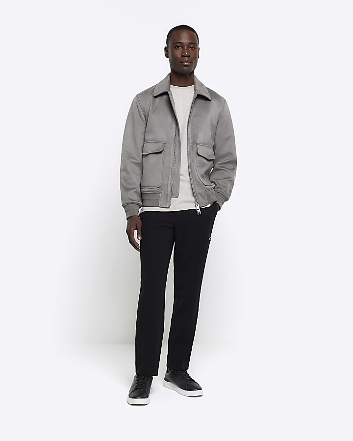 Grey regular suedette collared bomber jacket
