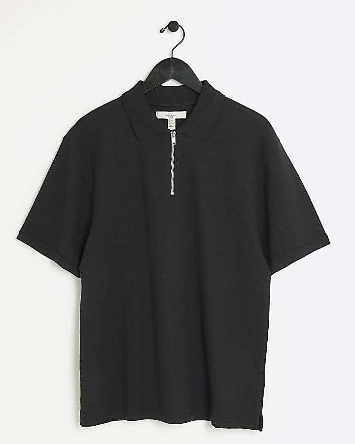 Black regular fit textured half zip polo