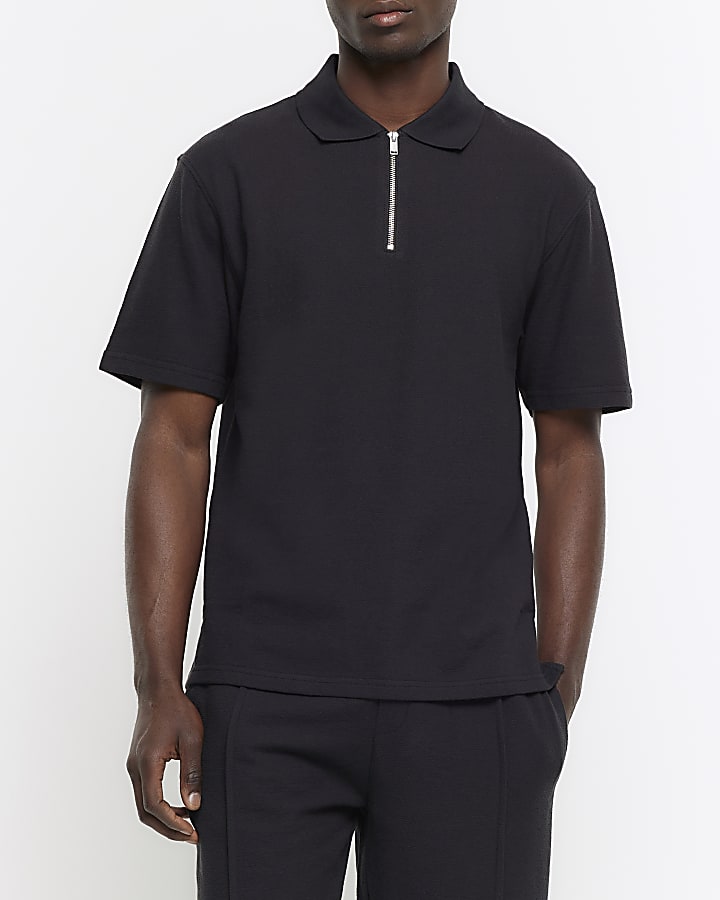 Black regular fit textured half zip polo