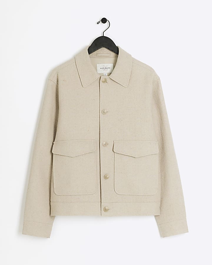 Beige regular fit textured linen blend jacket