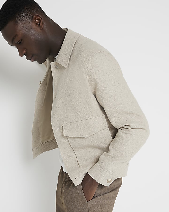 Beige regular fit textured linen blend jacket