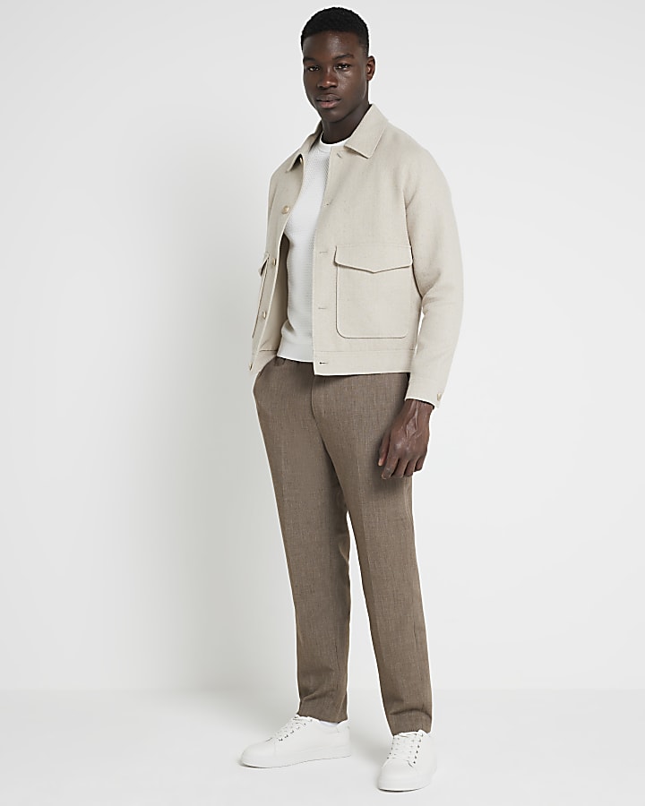 Beige regular fit textured linen blend jacket