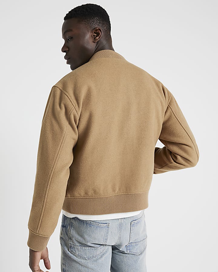 Stone regular fit wool blend bomber jacket