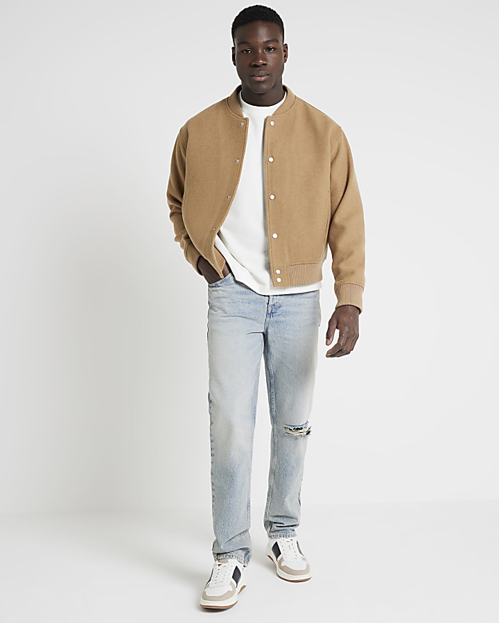 Stone regular fit wool blend bomber jacket